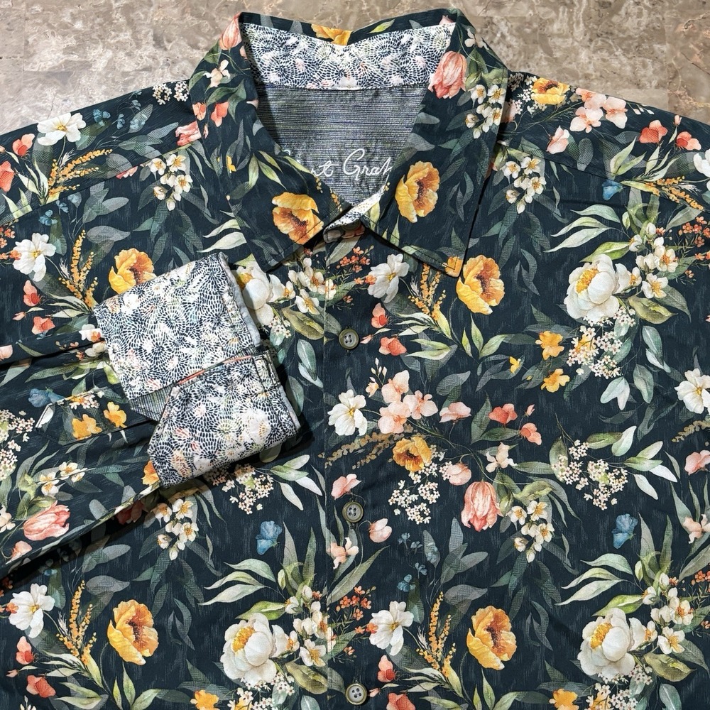 Robert Graham Shirt Mens XL Green Loud Floral Abstract Long Sleeve Flip Cuff